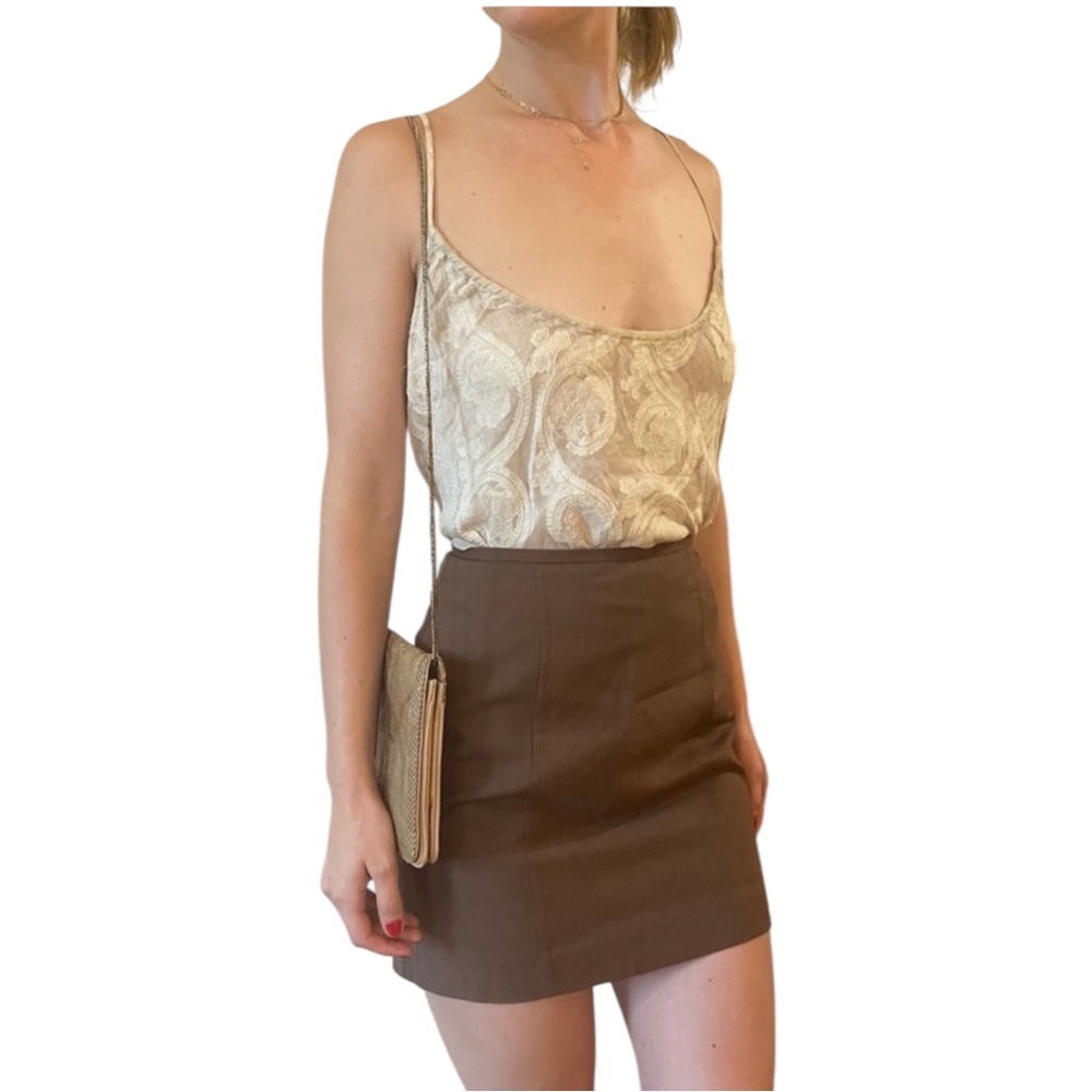 Vintage Brown Linen Lined High Waisted A-Line Mini Skirt - Size Small / 4 - Picture 6 of 16
